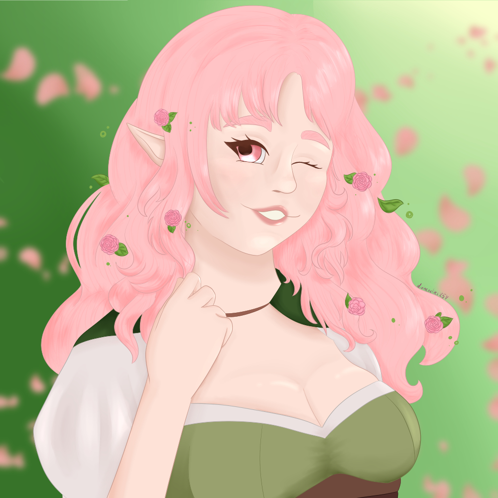 Ren, an eladrin character with light pink hair and fair skin, winking at the camera with a grin. They wear a light green, brown, and white top with a green cloak tossed over their shoulders. Roses bloom in/around their hair and pink petals float in the background.