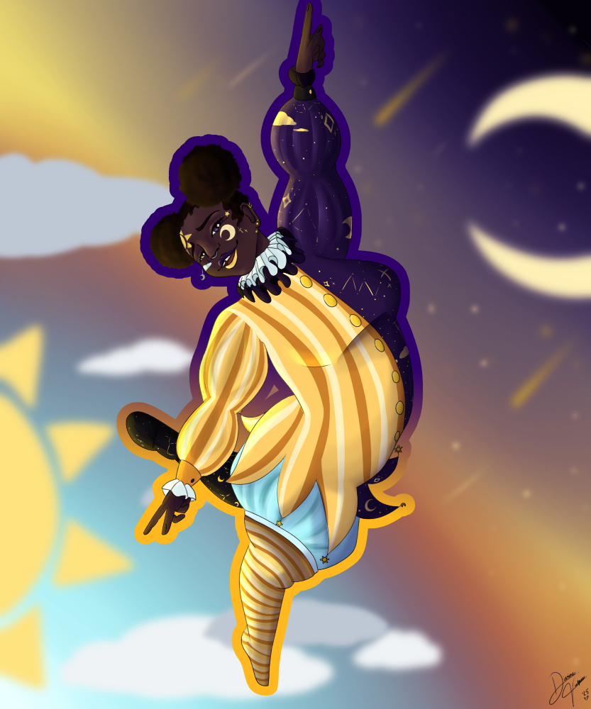Digital art of a Black woman dressed in a sun and moon themed clown outfit. Her hair is styled into double afro puffs with her edges laid to frame her face. She smiles and points up and down while doing a twirl, and is posed in front of a sun and moon background.