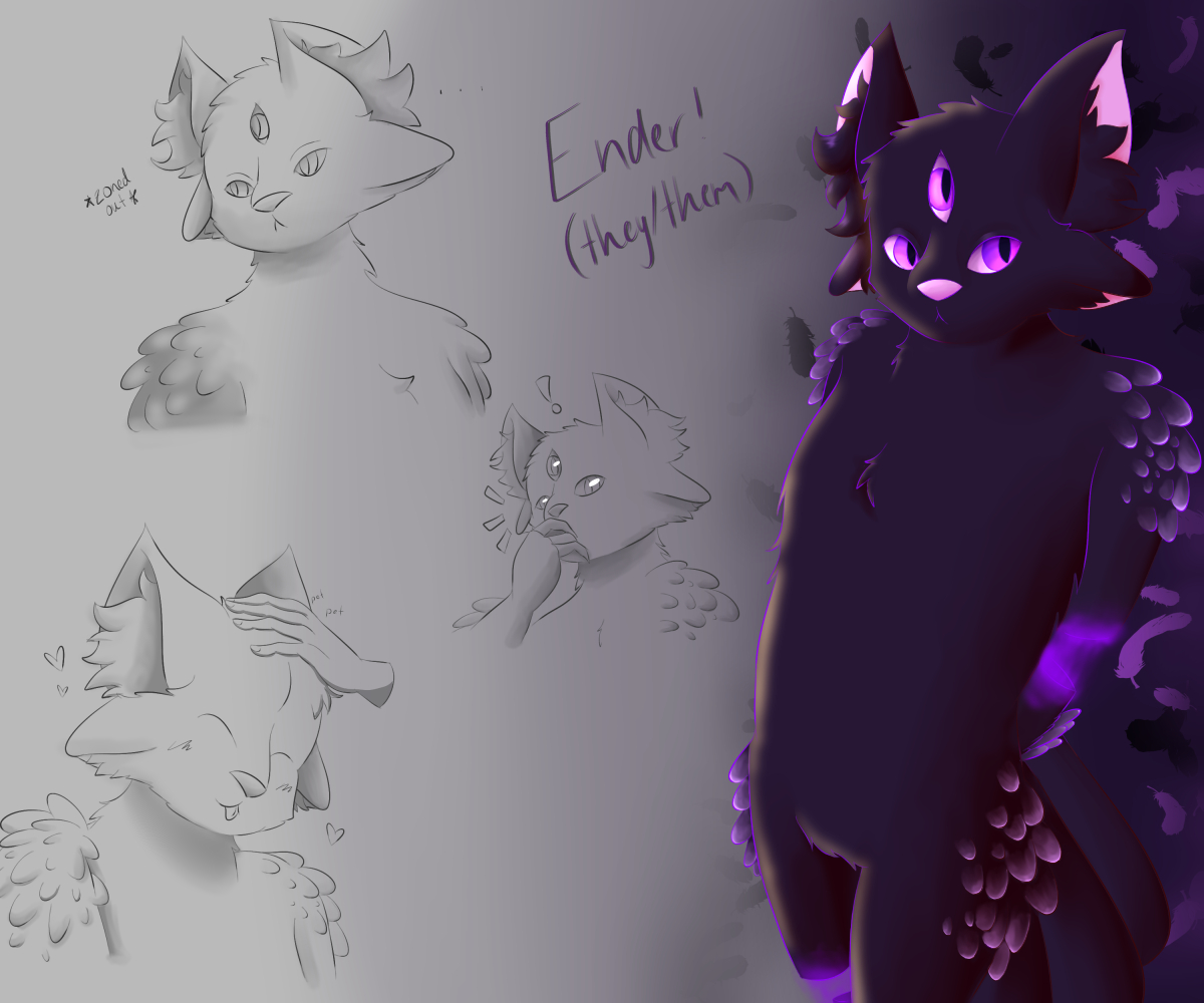 A sketch page of Ender's fursona, a crow-avali-cat hybrid with dark purple fur and light purple feathers, three pink-purple eyes, four ears, and a crow tail. They are shown having various expressions, being pet, etc.