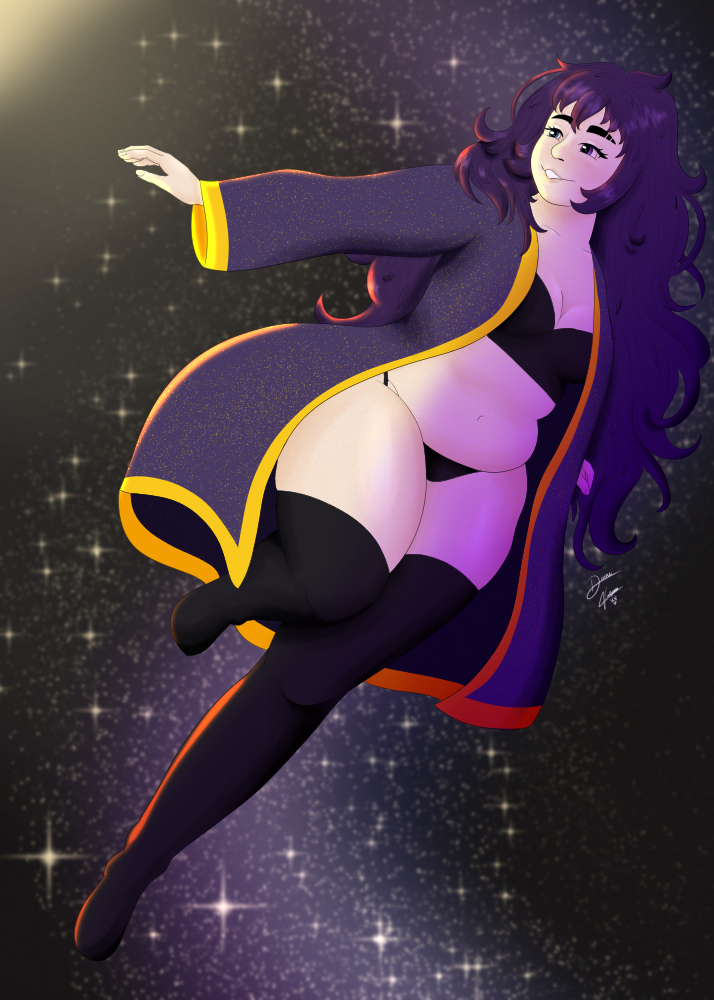 Digital drawing of Fox's human sona, a midsized white person with long purple hair, blue and purple eyes, and pastel freckles. They float through space wearing a celestial themed robe and black lingerie.