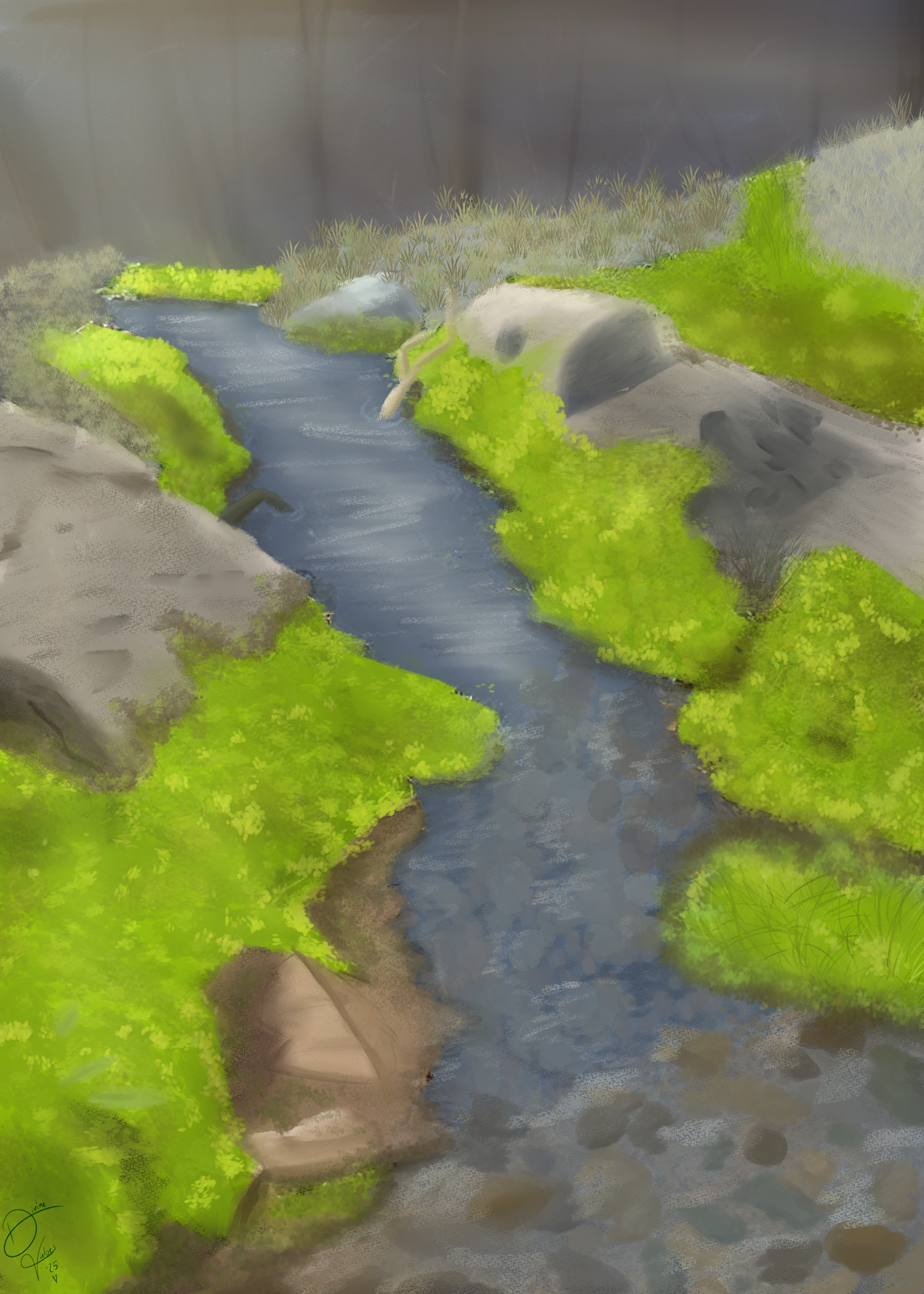 A digital painting of a mossy, rocky riverbed, with patches of grass, various colored pebbles in the water, and a blurry sunlit thicket of trees in the background.