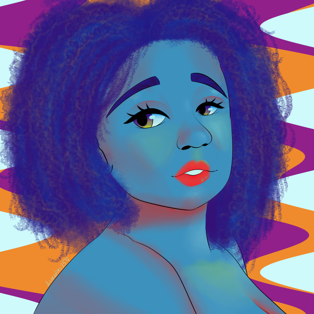 A drawing of a Black woman, colored various shades of blue, red, green, and purple, in front of an orange and pink wavy background.