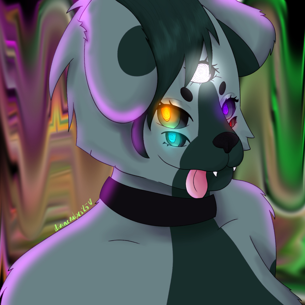 A floppy-eared puppy furry with five multicolored eyes and dark green spots. They stick out their tongue and stare at the viewer with glowing, multicolored eyes with faint hypnotic swirls in them. 
