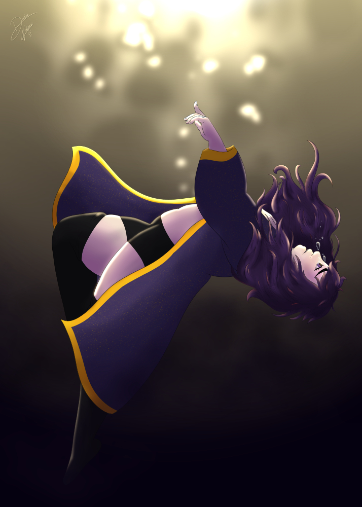 Digital drawing of Fox's human sona, a midsized white person with long purple hair & purple and blue eyes. They wear black thigh-high socks, a black pair of shorts, and a long purple and gold robe. They fall through the air, pointing up and crying into the air as they drift away from the light, into the dark.