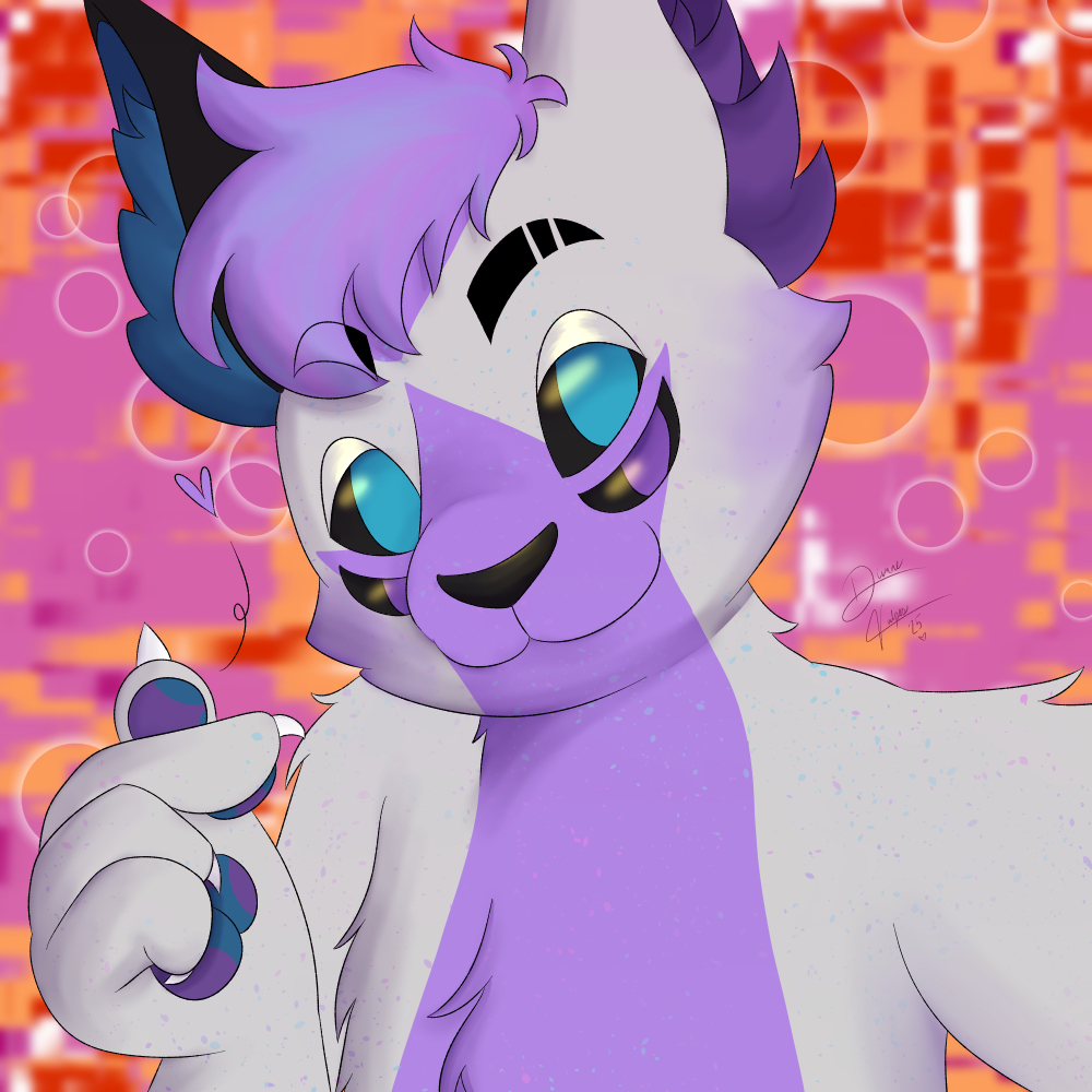 Fox's fursona, a midsized light grey fox with four eyes, purple markings, and calico-spotted blue and purple paw pads. They make a heart with their fingers and their arm closest to the viewer extends past the frame, implying they're taking a selfie.