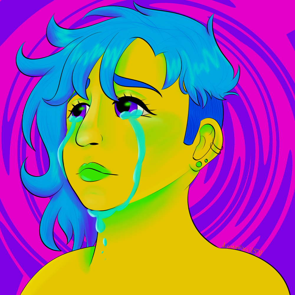 A person with an undercut, painted using just values of blue, yellow, and green, in front of a pink and purple background. They are crying and looking up at the sky.