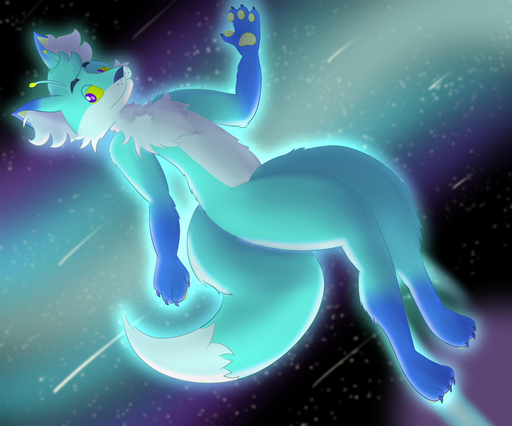 Tommy, a cyan and dark blue colored anthro fox with green and purple eyes, green paw pads, and antennae. He floats in space in front of a nebula and purple planet, with falling stars streaking the sky behind him.